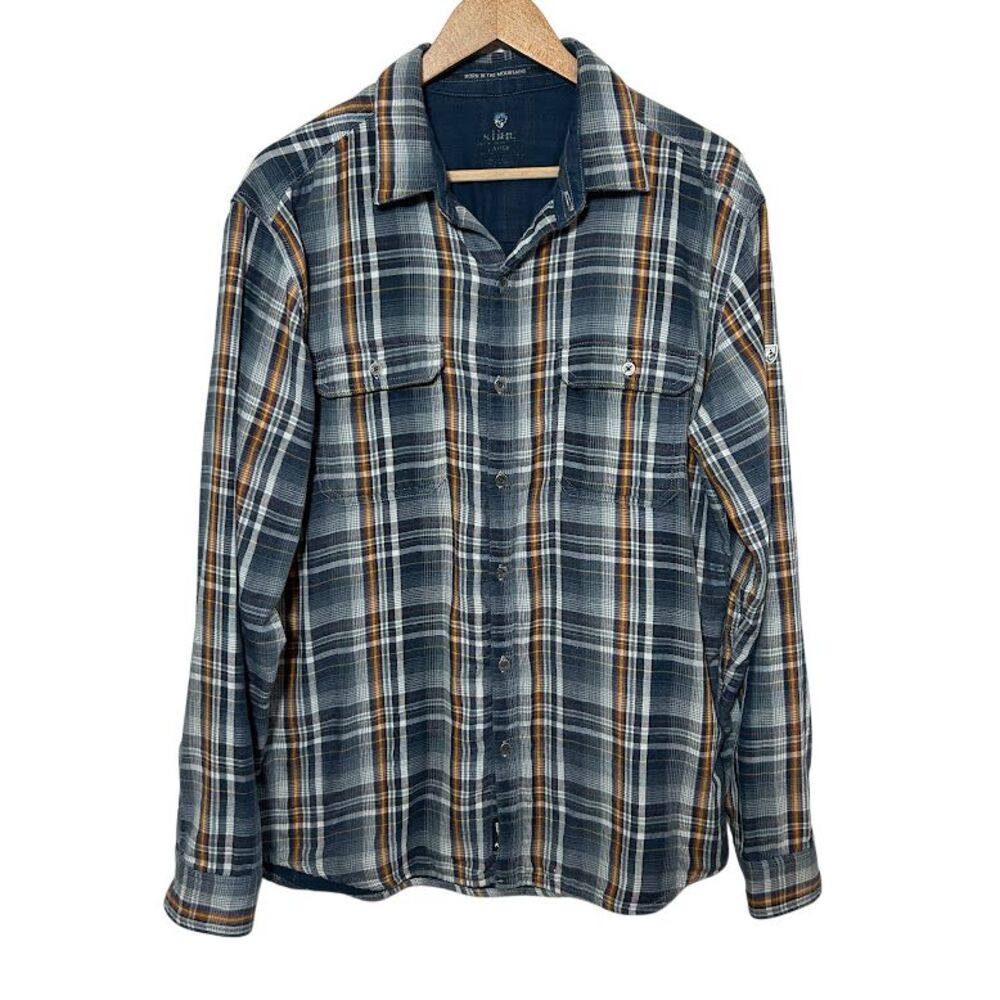 Kuhl Mens Plaid Long Sleeve Button Down Shirt L Blue Outdoor Cotton Blend